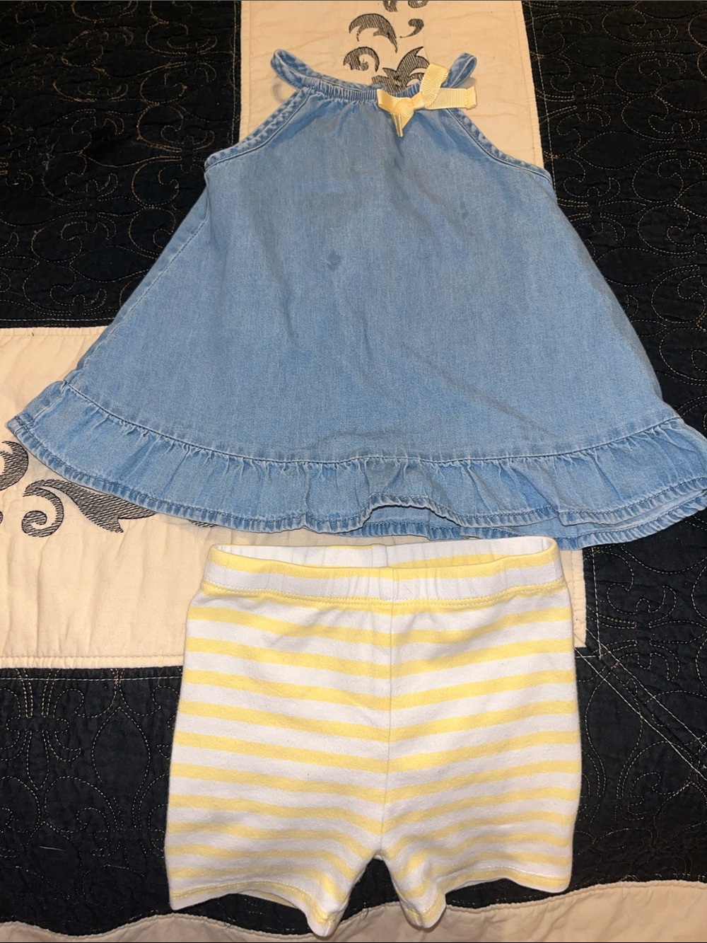 First Impressions Light Blue Denim Top with Yellow-Striped White Shorts